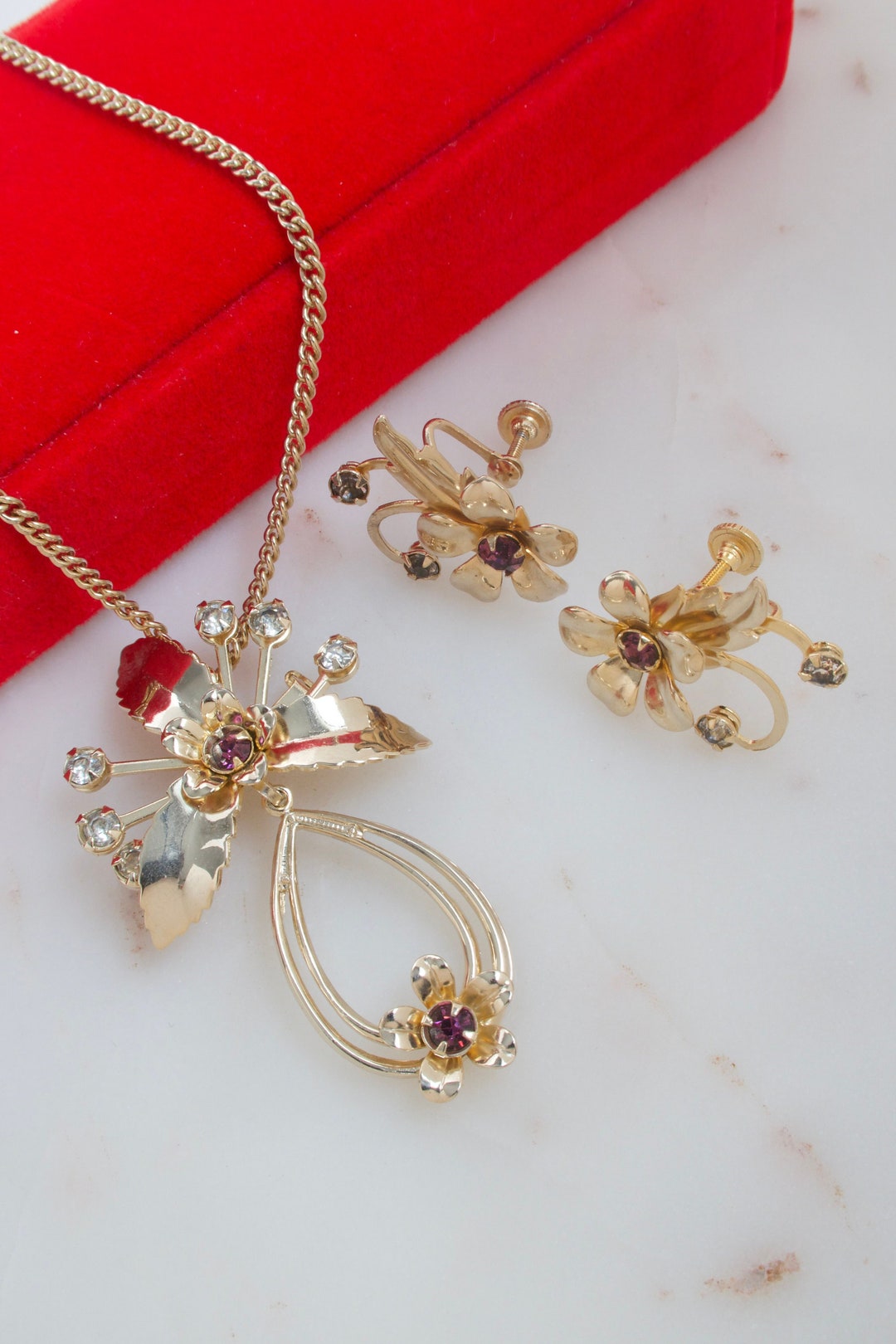 Vintage 1960s Gold Art Original Rhinestone Flower Necklace Earrings Set ...