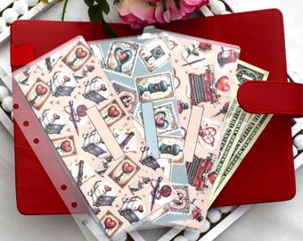 A6 Laminated Cash Envelopes, A7 Laminated Cash Envelopes, Cash Binder Envelope, Traveling Love Letter Theme