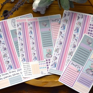 May include: A set of printable planner stickers featuring a pastel color scheme with floral and bunny illustrations. The stickers include a weekly planner, a daily planner, a to-do list, and a calendar. The text on the stickers includes "Monday Tuesday Friday 2024", "Thursday Wednesday Saturday Sunday", "Must Do", and "2024 2025".