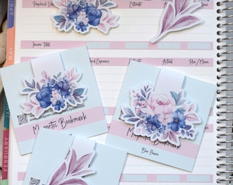 Magnetic Bookmarks, Blue Flower Theme