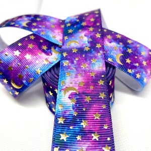 Gold topped Blue and Purple Space Grosgrain Ribbon 1 Yard 25mm