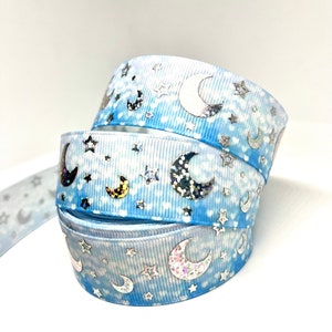 Silver topped Blue Gradient with White Hearts Grosgrain Ribbon 1 Yard 25mm