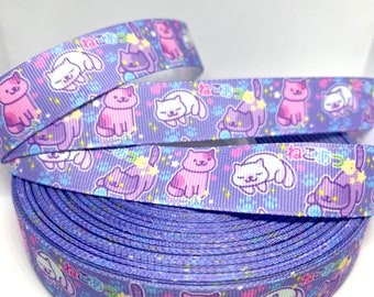 Pastel Purple Cartoon Cats Grosgrain Ribbon 1 Yard 22mm