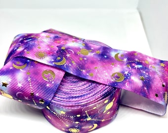 Gold topped Purple Wash Shooting Stars Space and Stars Grosgrain Ribbon 1 Yard 38mm