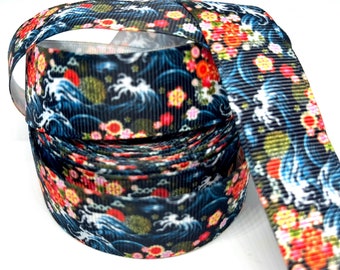 Japanese Painting Waves and Flowers Grosgrain Ribbon 1 Yard 22mm