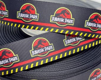 Jurassic Park Schwarz mit Vorsicht Streifen-Logo Ripsband 1 Yard 22 mm