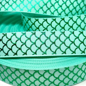 Light Teal Topped Green Mermaid Scales Grosgrain Ribbon 1 Yard 22mm