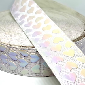 White Iridescent PU Ribbon with Embossed Hearts – 38mm – Sold by the Yard
