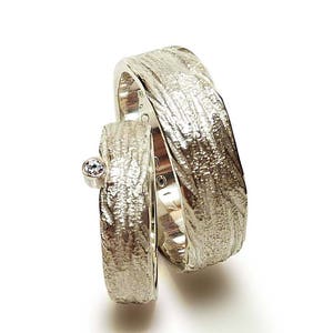 Silver wedding rings with zirconia and wide men's ring, sterling silver wedding rings with unique structure, engraving - hand-forged