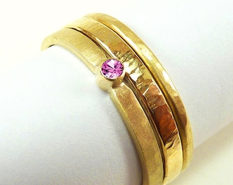 Gold engagement ring with pink sapphire, 14 K, 585, proposal ring, pink sapphire side ring, stacking ring - handmade goldsmith