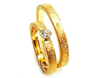 Hochzeitsringe Diamant Gelbgold SET 18 Karat Gold mit Gravur, Trauringe, Eheringe, eismatt, klassische Eheringe by Silverlounge