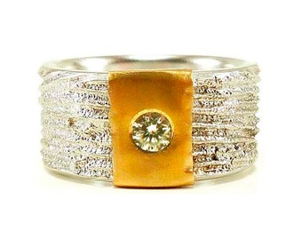 Women's ring with large diamond fine gold, unique ring, size 56 wide solitaire ring brilliant, sterling silver with unique structure,