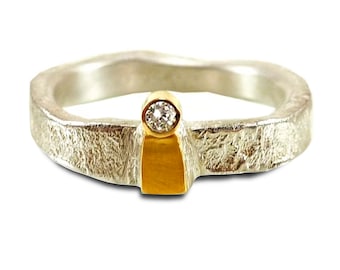 Unikat Ring, Solitairering Silber mit Diamant, Brillant, Sterlingsilber mit einzigartiger Struktur, Gold, Gelbgold