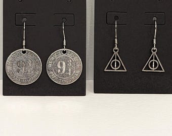Platform 9 3/4 pendant fishhook earrings. Deathly Hallows symbol. Stainless steel ear wires with pendant.