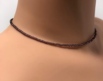Dainty Beaded Amethyst Purple Necklace. Glass, simple seed bead choker, purple.