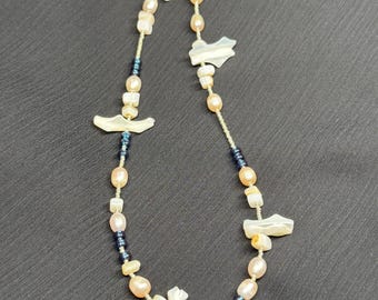 Bubbling Deep Blue Glass, Pearl, and Freeform Mother of Pearl Necklace ( 16 Inch)