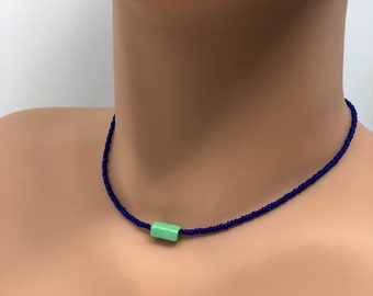 Mossy blue & green beaded choker necklace. Glass and Stone.