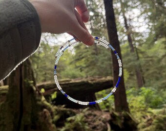 Wavy seaglass blue and white carbon steel memory wire necklace. Tethys inspired