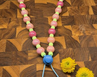 Adjustable Elastic Dog Necklace: Pink Yellow Beads, 27 Inch Length