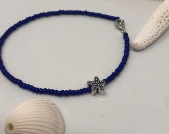 Beachy beaded ankle bracelet. Blue anklet with starfish.