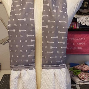 Gray & white Kitchen Neck Towel/cooking scarf aka Kitchen Boa, cooking, cleaning, spills, potholder, dish towel, assorted image 2