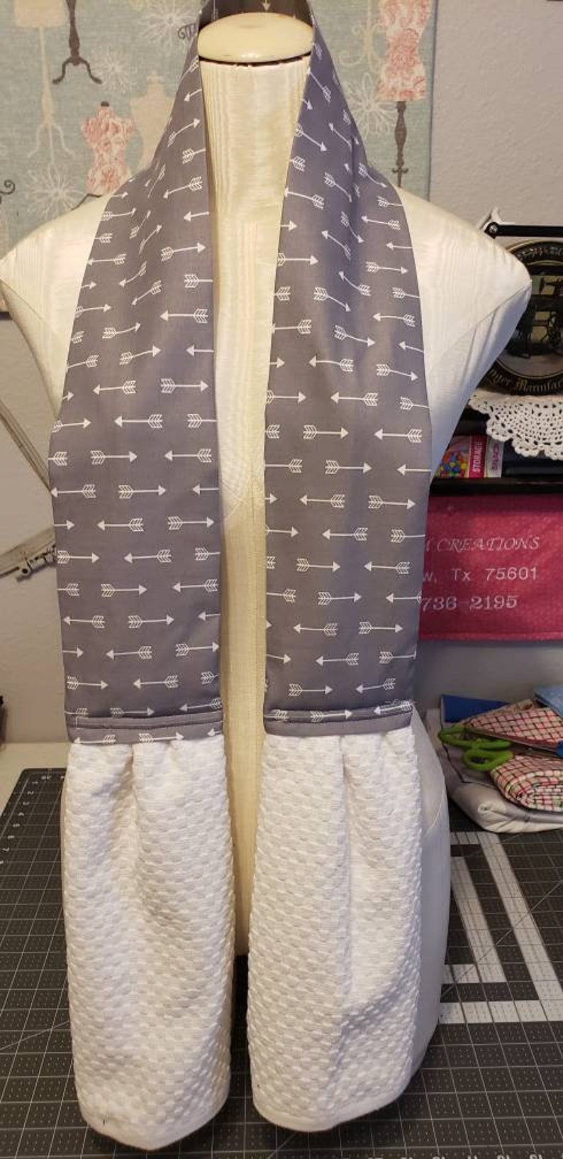 Gray & white Kitchen Neck Towel/cooking scarf aka Kitchen Boa, cooking, cleaning, spills, potholder, dish towel, assorted image 2