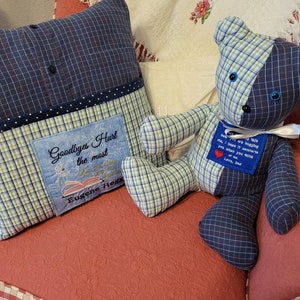 Memory reading pillow & bear combo. Grief, loss, death, mourning, remembrance, shirt pillow, Memory bear.