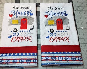 HAPPY CAMPER Embroidered Kitchen Towels 16" x 24" 100% cotton/Waffle Weave (Cooking; Dishtowels)
