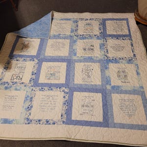 Embroidered Scripture Quilt, bible verses, bible blocks, embroidery, colorful, free motion quilted; various sizes