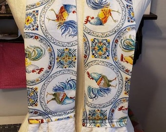 ROOSTER Kitchen Neck towel/cooking scarf, aka Kitchen Boa.  2 options red or white rooster fabric