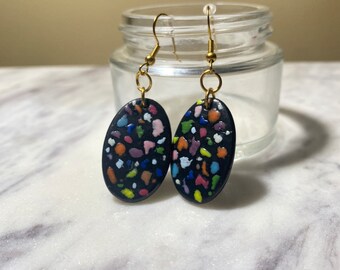 Oval Black Rainbow Terrazzo Polymer Clay Dangle Earrings