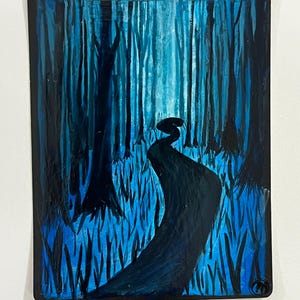 May include: A rectangular trading card featuring a hand-painted forest scene in shades of blue and black. The word Forest is printed in black text at the top. A dark, winding path leads through a dense thicket of tall, thin, dark blue trees.