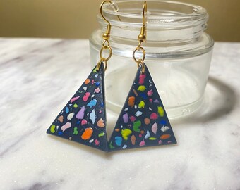 Black Triangle Rainbow Terrazzo Polymer Clay Dangle Drop Earrings