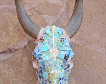 Steer skull real 26" H X 14" WX 14" D with Copper and Coral cross mixed media