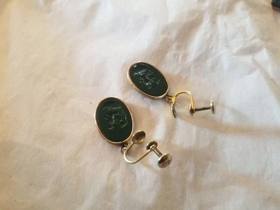 VINTAGE Dangle Earrings Green Glass Intaglio Asia… - image 3