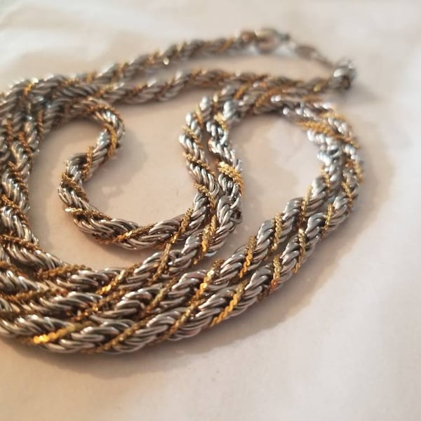 VINTAGE TRIFARI Twist Rope Chain Silvertone & Goldtone Expensive Look Signed 30.5 Long