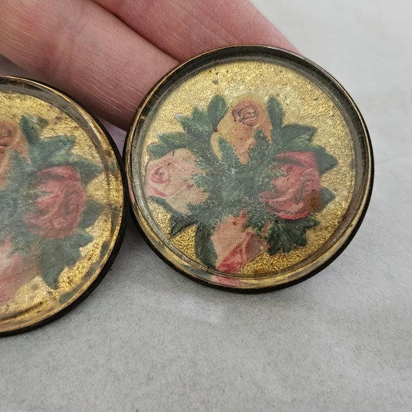 Antique Pair 2 1880's Horse Bridle Buttons SHABBY ROSES PINKS