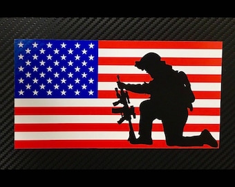 Kneeling Soldier American Flag Vinyl Sticker Decal Custom