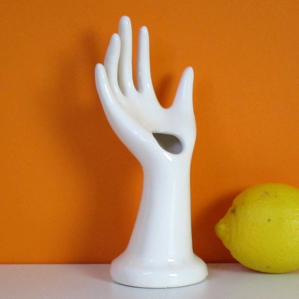 Hand shaped vase, ring holder, white ceramic accessory display, 1980s retro home or bedroom