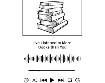 May include: Black and white graphic with a stack of books inside a rectangle. Below the rectangle is the text "I've Listened to More Books than You". Below the text is a sound wave graphic and media player controls.
