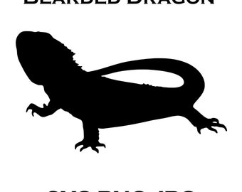Op de afbeelding: Zwarte silhouet van een baardagame hagedis. De afbeelding bevat de tekst "BEARDED DRAGON" en "SVG-PNG-JPG".