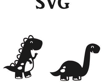 Może przedstawiać: Plik SVG z dwoma czarno-białymi sylwetkami dinozaurów. Jeden dinozaur stoi prosto z otwartą paszczą, a drugi leży z zakrzywioną szyją.