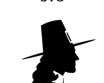Puede incluir: Silueta negra de una persona con un sombrero de peregrino. La persona está mirando hacia la derecha y lleva un sombrero largo y puntiagudo.