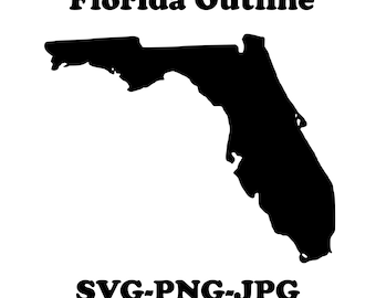 May include: Black and white silhouette of the state of Florida. The text "Florida Outline" is above the silhouette and the text "SVG-PNG-JPG" is below the silhouette.