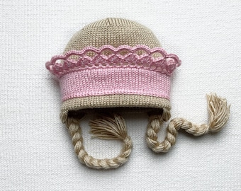 Knit pink princess hat with crown and braids, Pigtail hat for girl, Princess dress-up, Crown hat, Crochet wig, Yarn wig