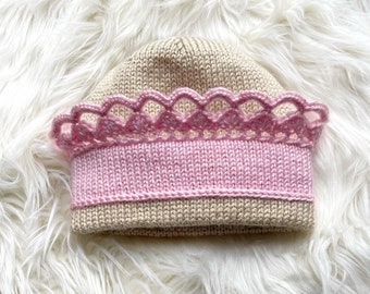 Knit pink princess hat with crown, Crochet princess hat for girl, Princess dress-up, Crown hat, Crochet wig, Yarn wig