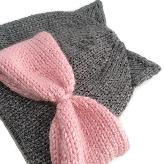 Knit Kitty Cat Hat With Ears and a Soft Pink Bow - Etsy display picture 1