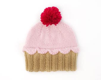 Knit Cupcake Hat With Red Pom Pom 