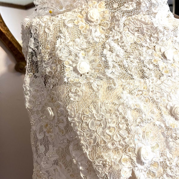 WHITE Iridescent Sequin and Pearl Beaded Lace,REMANENT  Scallop Lace, Floral  French Lace, Wedding Bridesmaid Fabric,Couture 23”X 20”