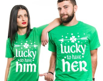 Couple St Patrick's Day Matching Green T-Shirts Funny St Paddy's Day Irish Party Photo shoot Ideas Tee Shirts